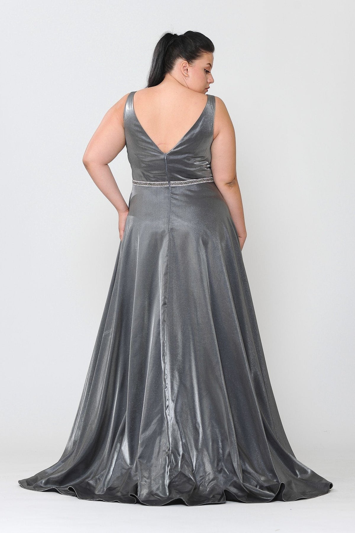 Poly USA W1062 Plus Size Long Satin Deep V-Neck Dress