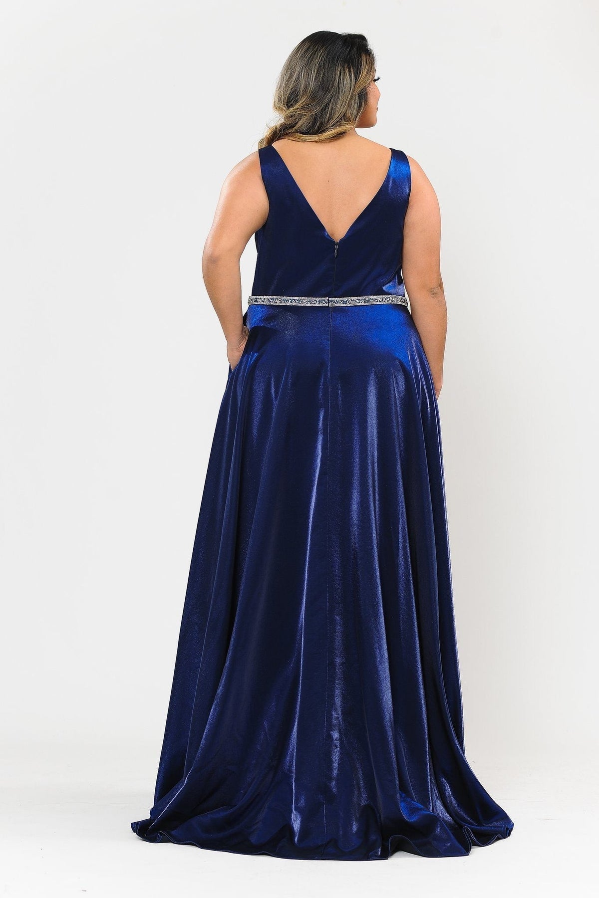 Poly USA W1062 Plus Size Long Satin Deep V-Neck Dress