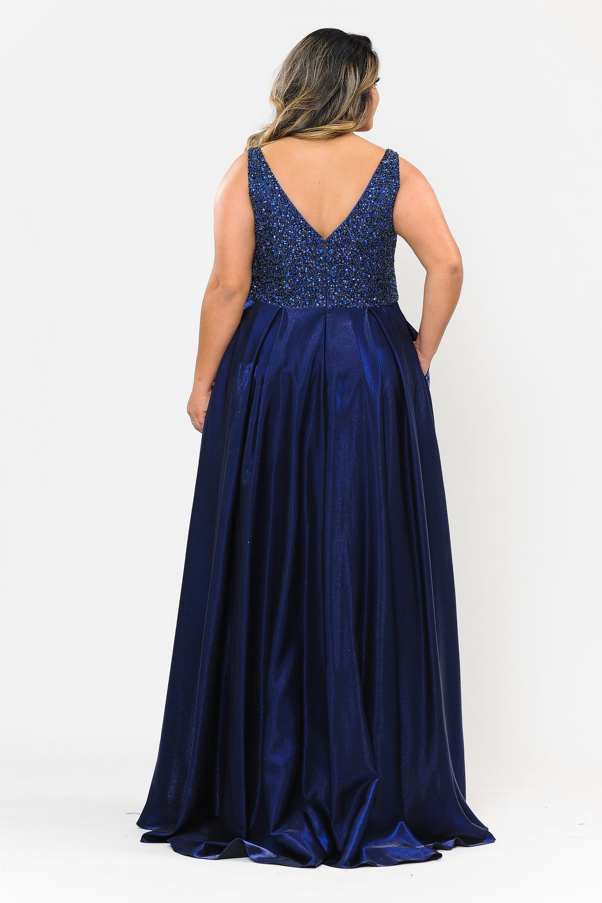 Poly USA W1066 Plus Size Long Satin Dress with Beaded Bodice