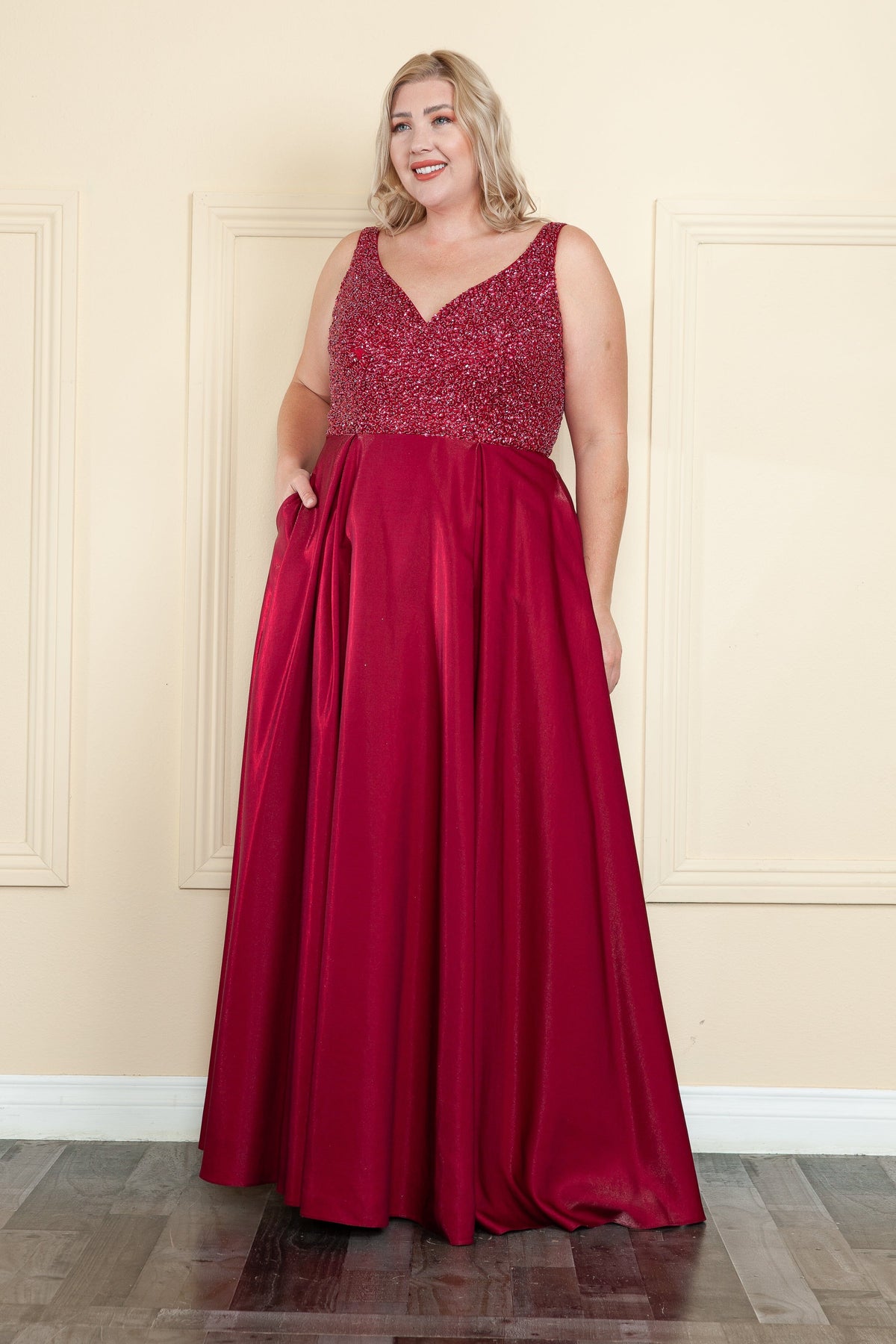 Poly USA W1066 Plus Size Long Satin Dress with Beaded Bodice