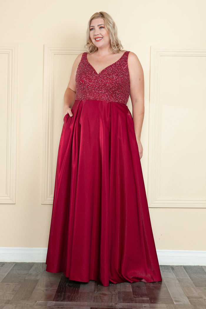 Poly USA W1066 Plus Size Long Satin Dress with Beaded Bodice