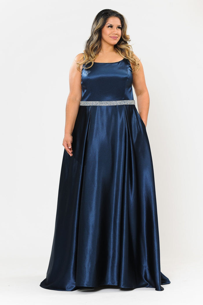 Poly USA W1010 Plus Size Long Satin Dress with Beaded Waist