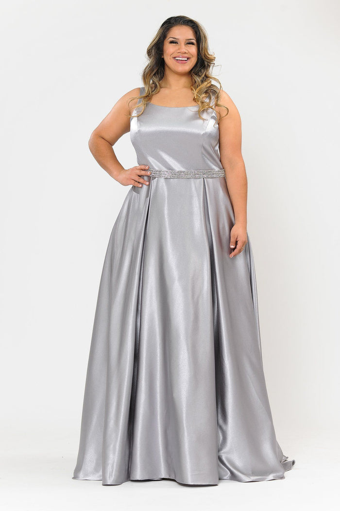 Poly USA W1010 Plus Size Long Satin Dress with Beaded Waist