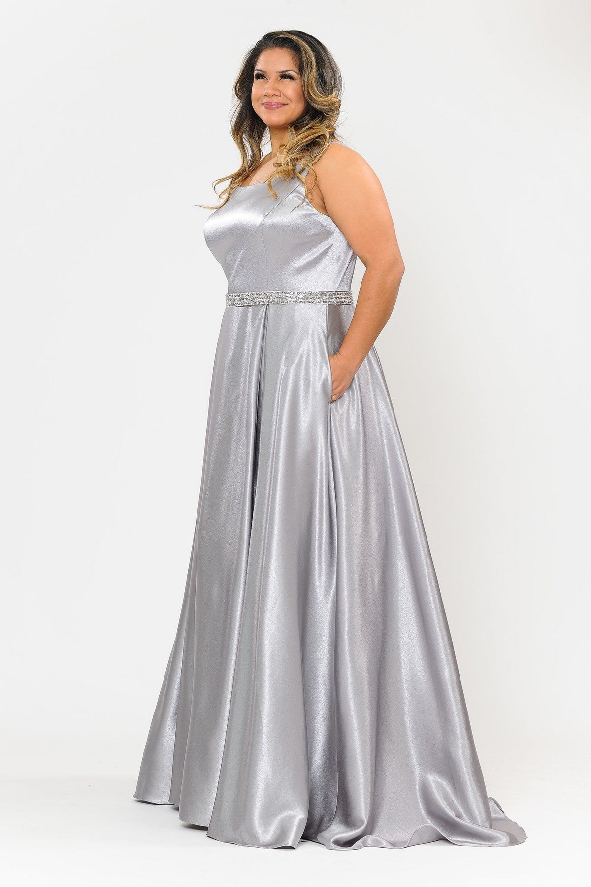 Poly USA W1010 Plus Size Long Satin Dress with Beaded Waist