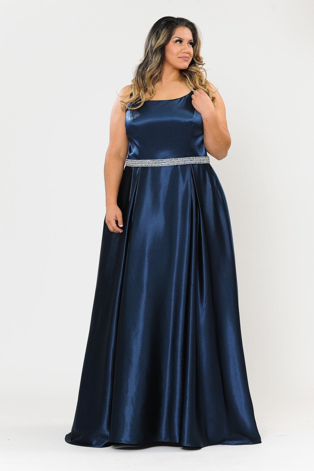 Poly USA W1010 Plus Size Long Satin Dress with Beaded Waist