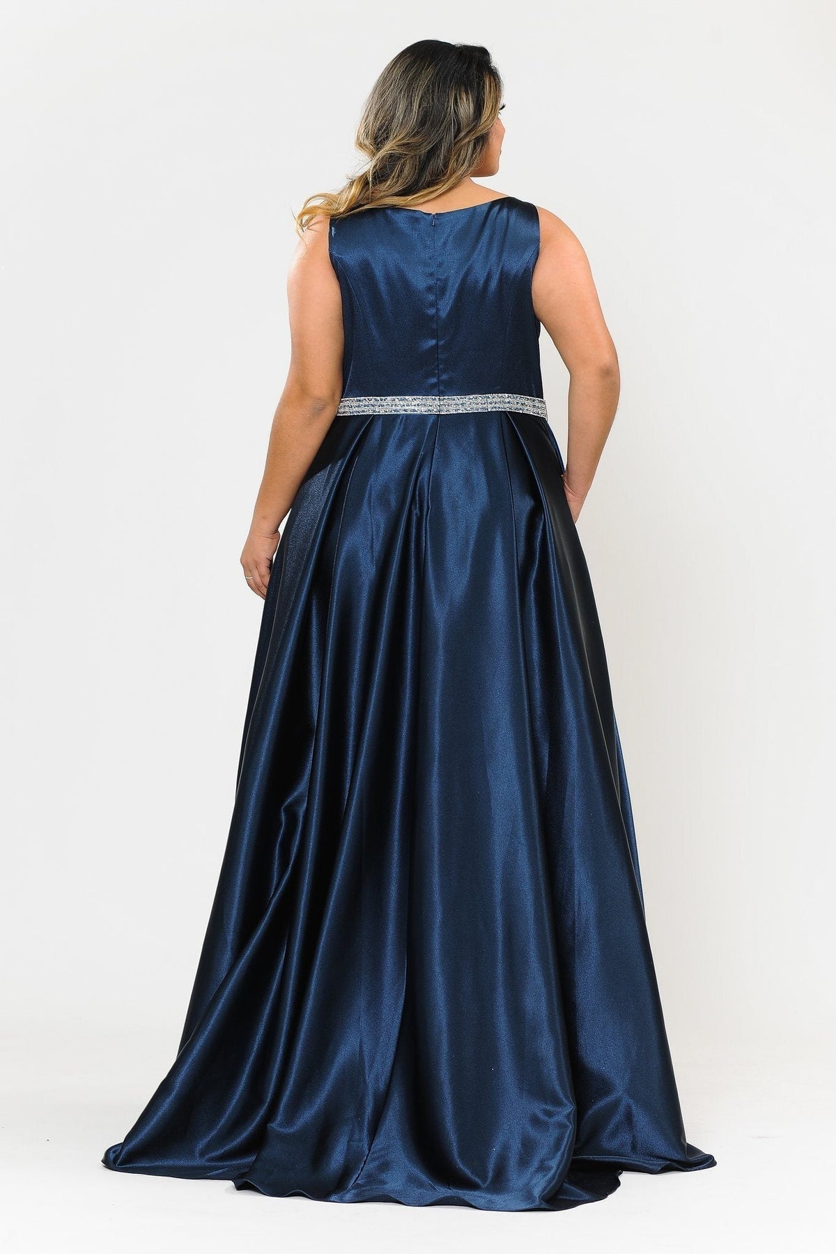 Poly USA W1010 Plus Size Long Satin Dress with Beaded Waist