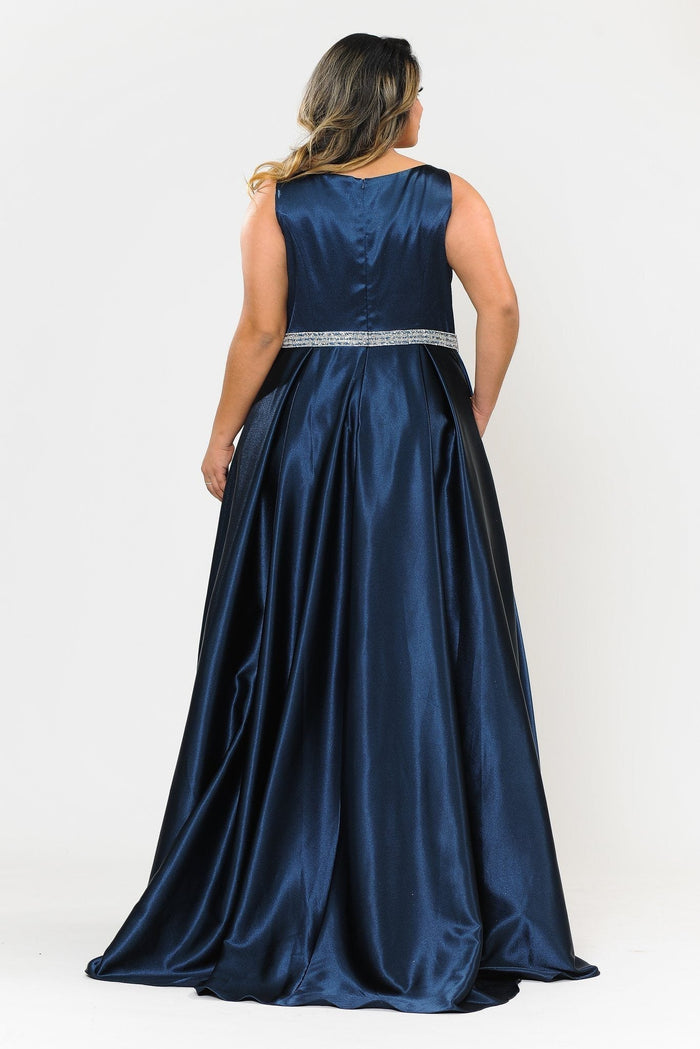 Poly USA W1010 Plus Size Long Satin Dress with Beaded Waist