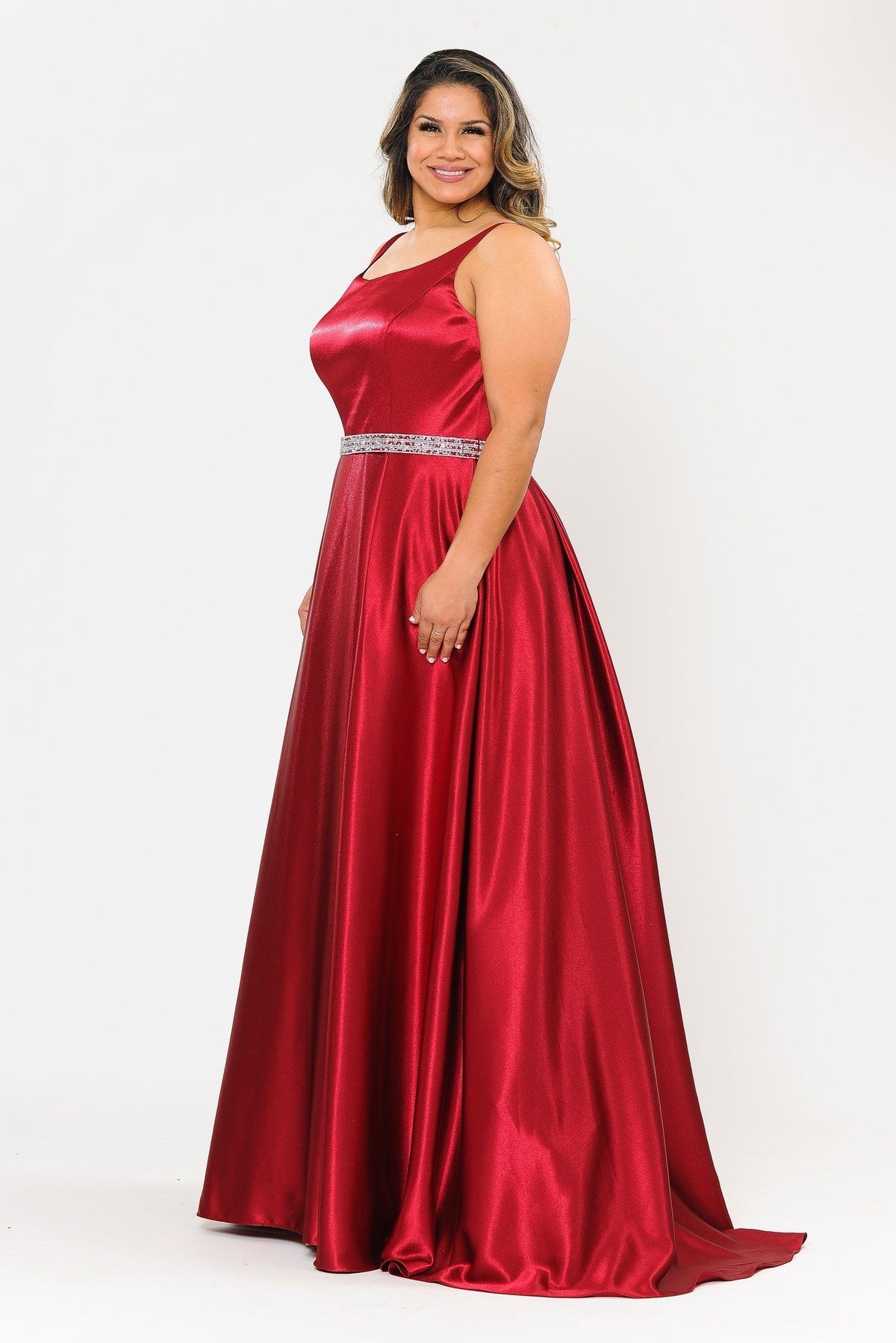 Poly USA W1010 Plus Size Long Satin Dress with Beaded Waist