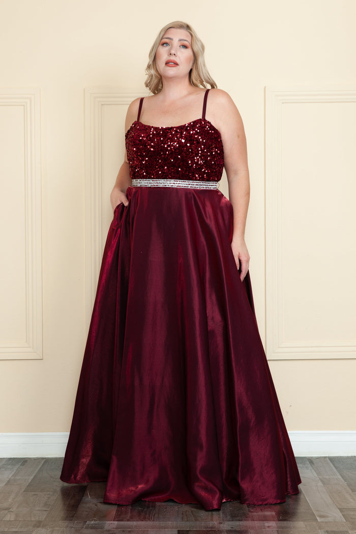 Poly USA W1018 Plus Size Long Satin Dress with Sequin Bodice