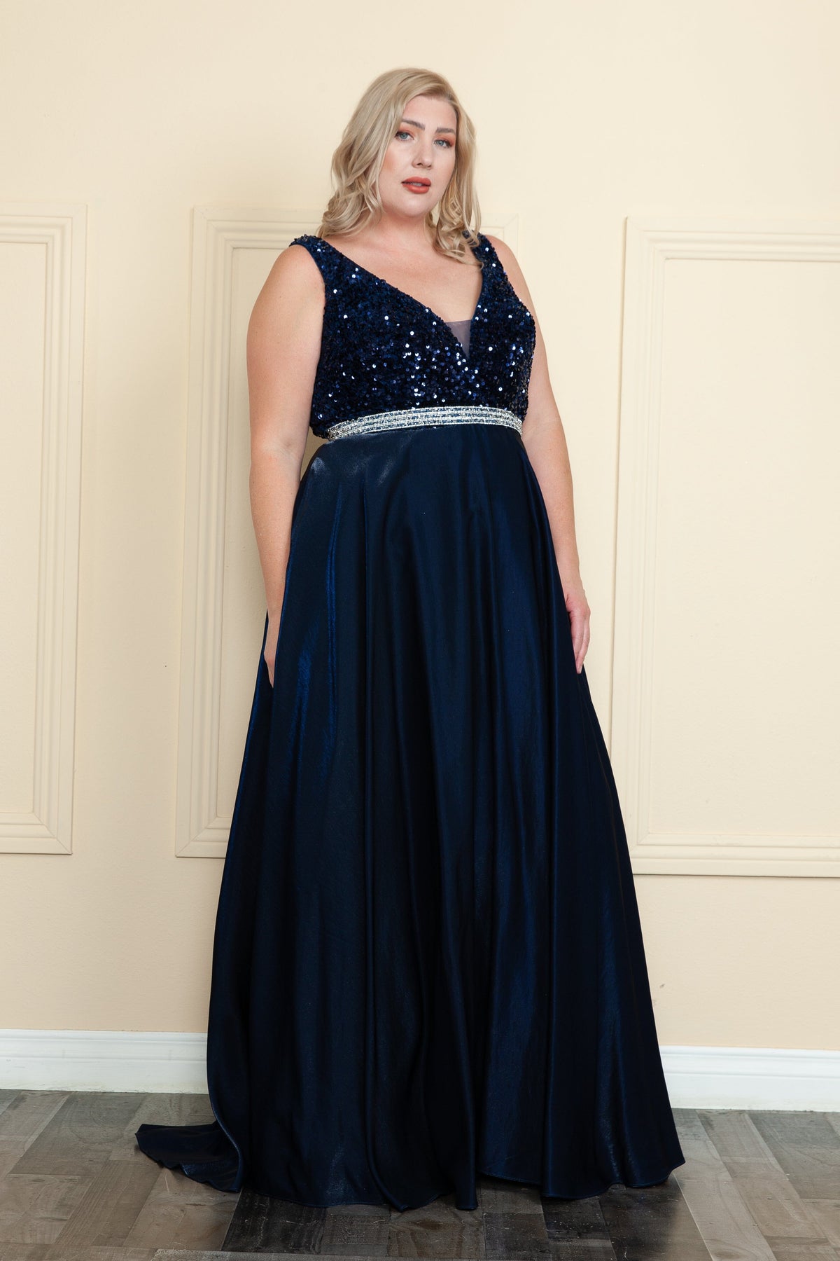 Poly USA W1006 Plus Size Long Sequin Bodice Satin Dress