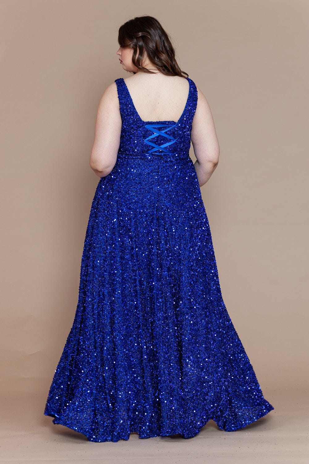 Poly USA W1128 Plus Size Long Sequin V-Neck Dress