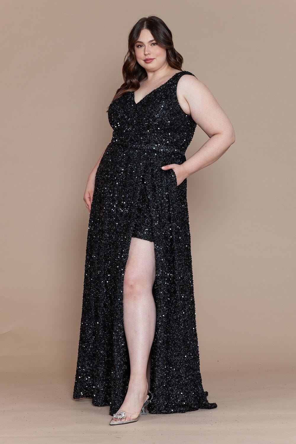 Poly USA W1128 Plus Size Long Sequin V-Neck Dress