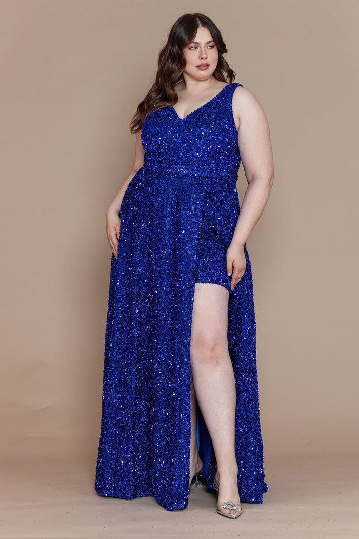 Poly USA W1128 Plus Size Long Sequin V-Neck Dress