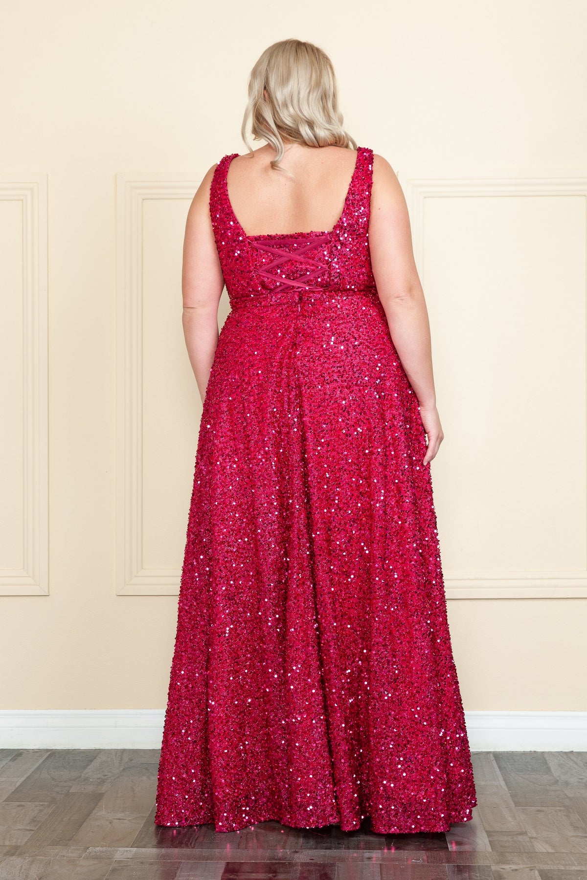 Poly USA W1128 Plus Size Long Sequin V-Neck Dress