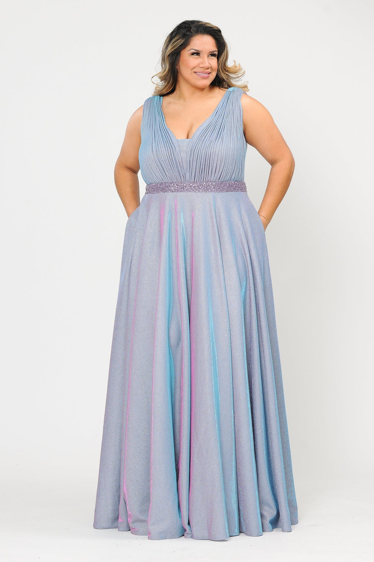 Poly USA W1082 Plus Size Long Sleeveless A-line Glitter Dress