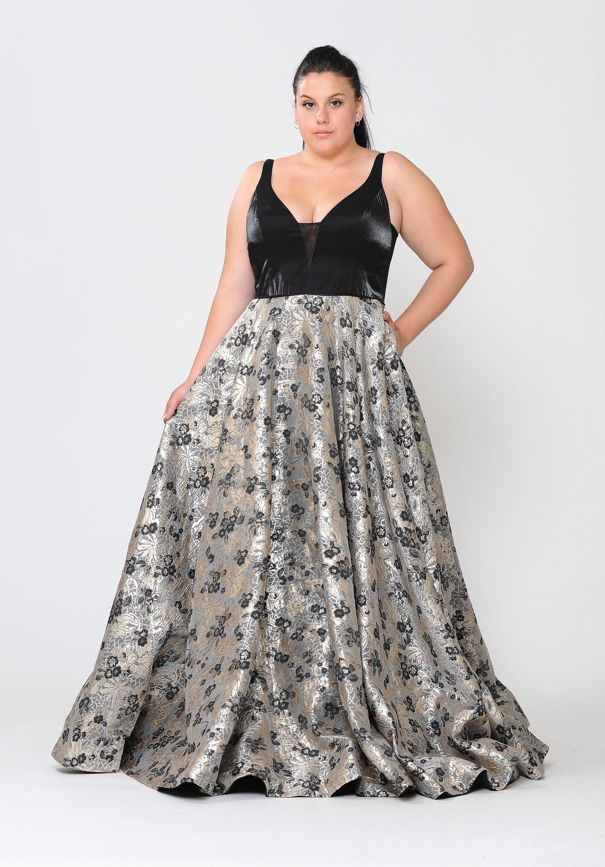 Poly USA W1012 Plus Size Long V-Neck Dress with Print Skirt