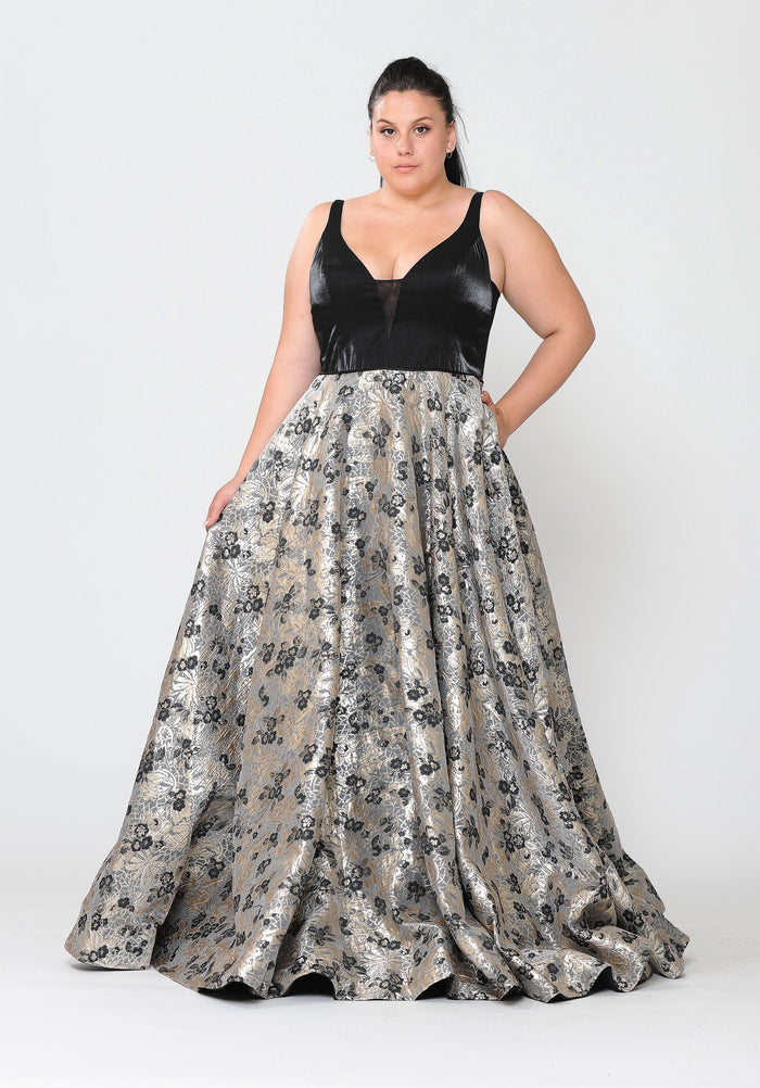 Poly USA W1012 Plus Size Long V-Neck Dress with Print Skirt