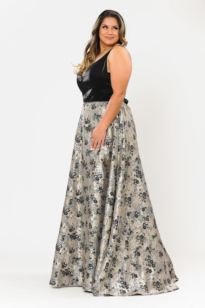 Poly USA W1012 Plus Size Long V-Neck Dress with Print Skirt