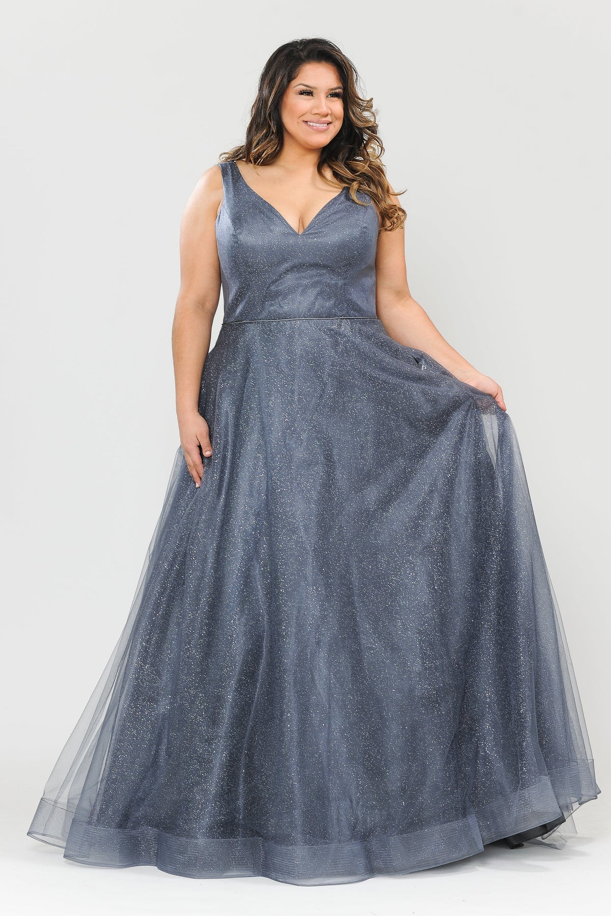Poly USA W1024 Plus Size Long V-Neck Glitter Dress
