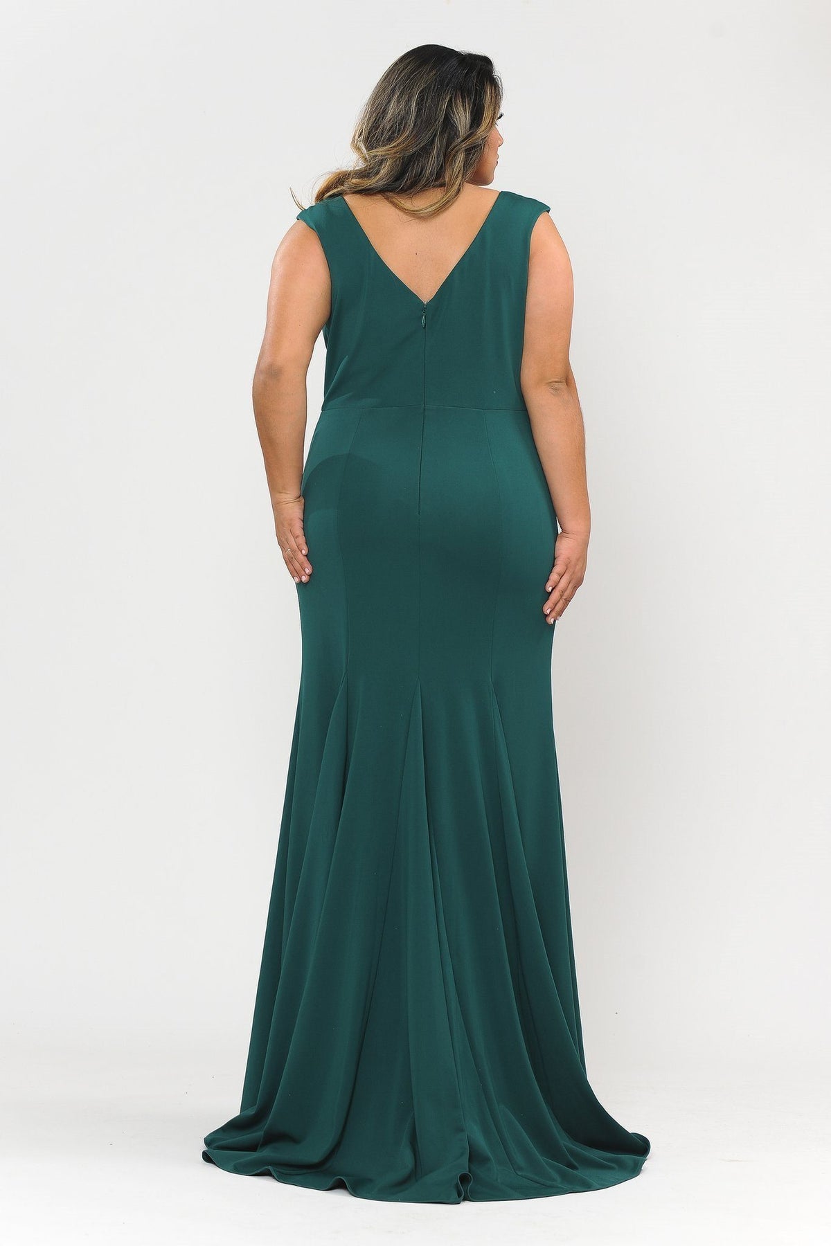 Poly USA W1022 Plus Size Long V-Neck Jersey Fitted Dress