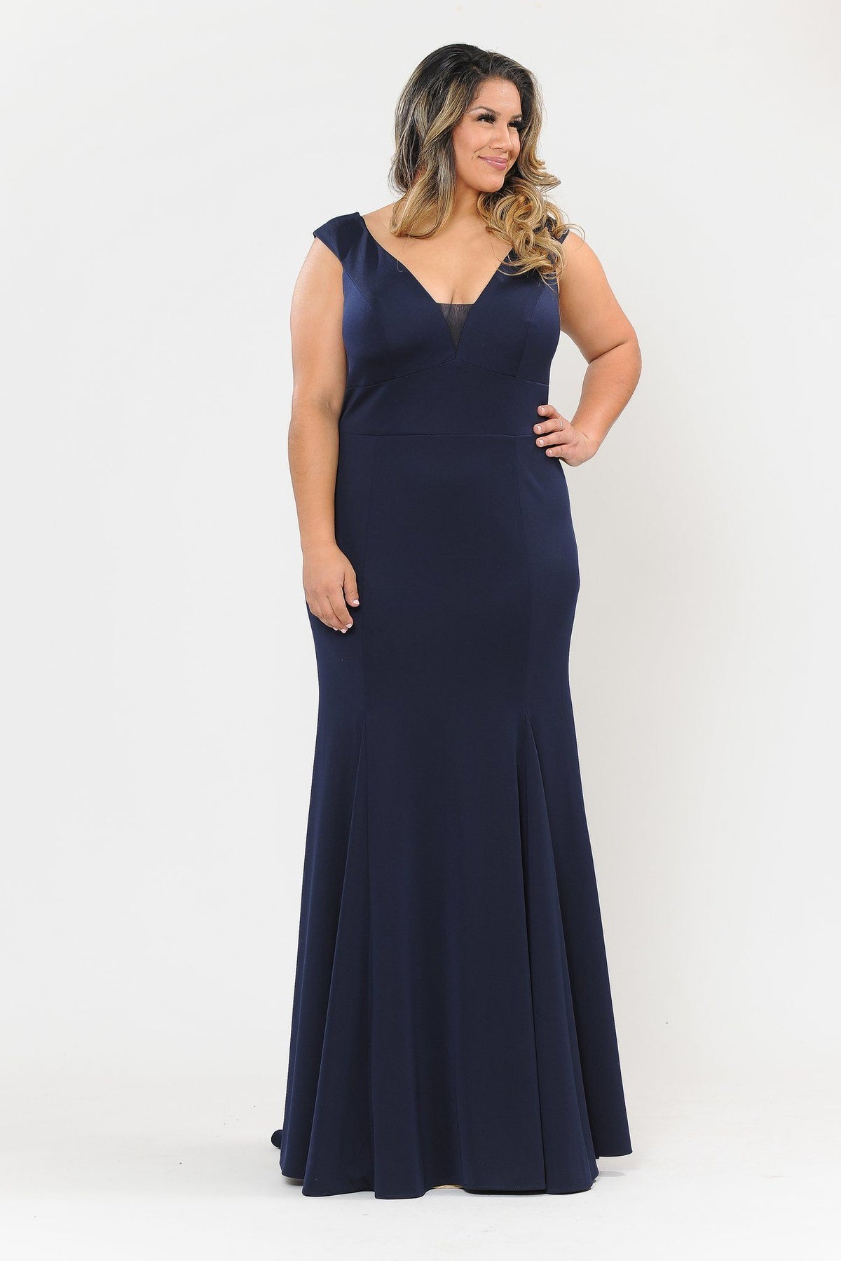 Poly USA W1022 Plus Size Long V-Neck Jersey Fitted Dress