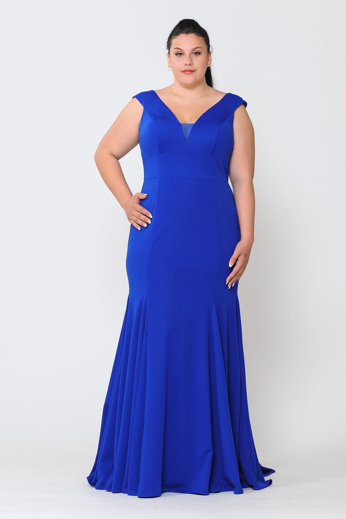 Poly USA W1022 Plus Size Long V-Neck Jersey Fitted Dress