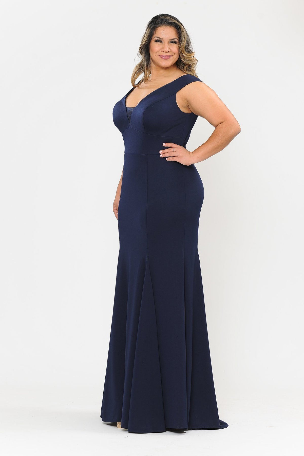Poly USA W1022 Plus Size Long V-Neck Jersey Fitted Dress