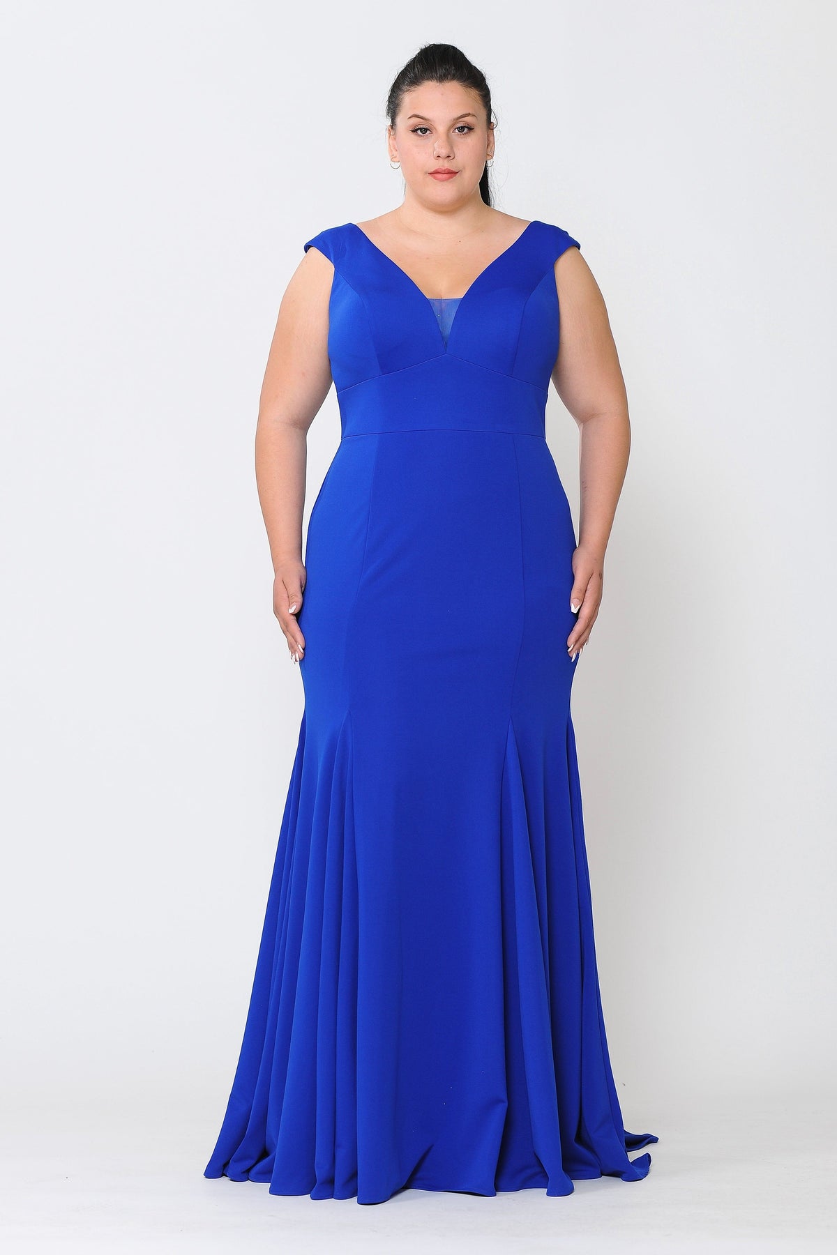Poly USA W1022 Plus Size Long V-Neck Jersey Fitted Dress