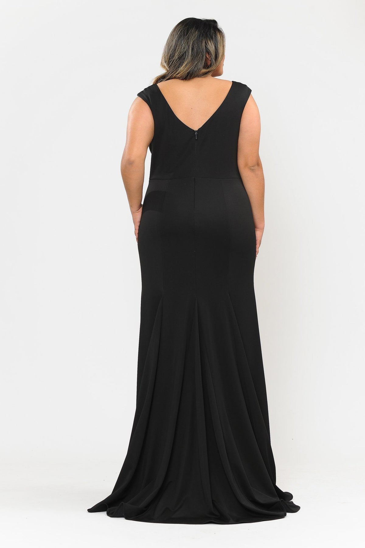 Poly USA W1022 Plus Size Long V-Neck Jersey Fitted Dress