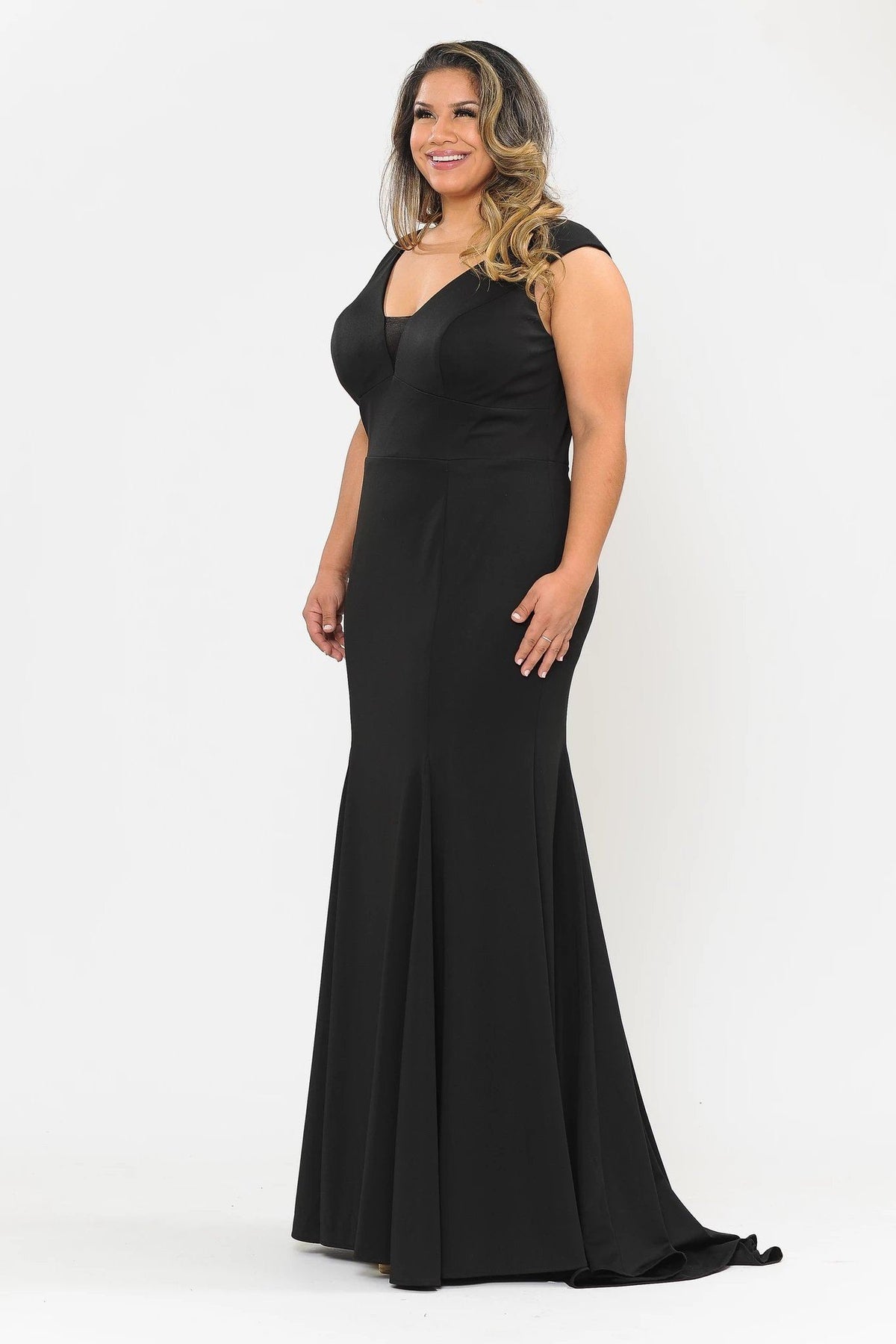 Poly USA W1022 Plus Size Long V-Neck Jersey Fitted Dress