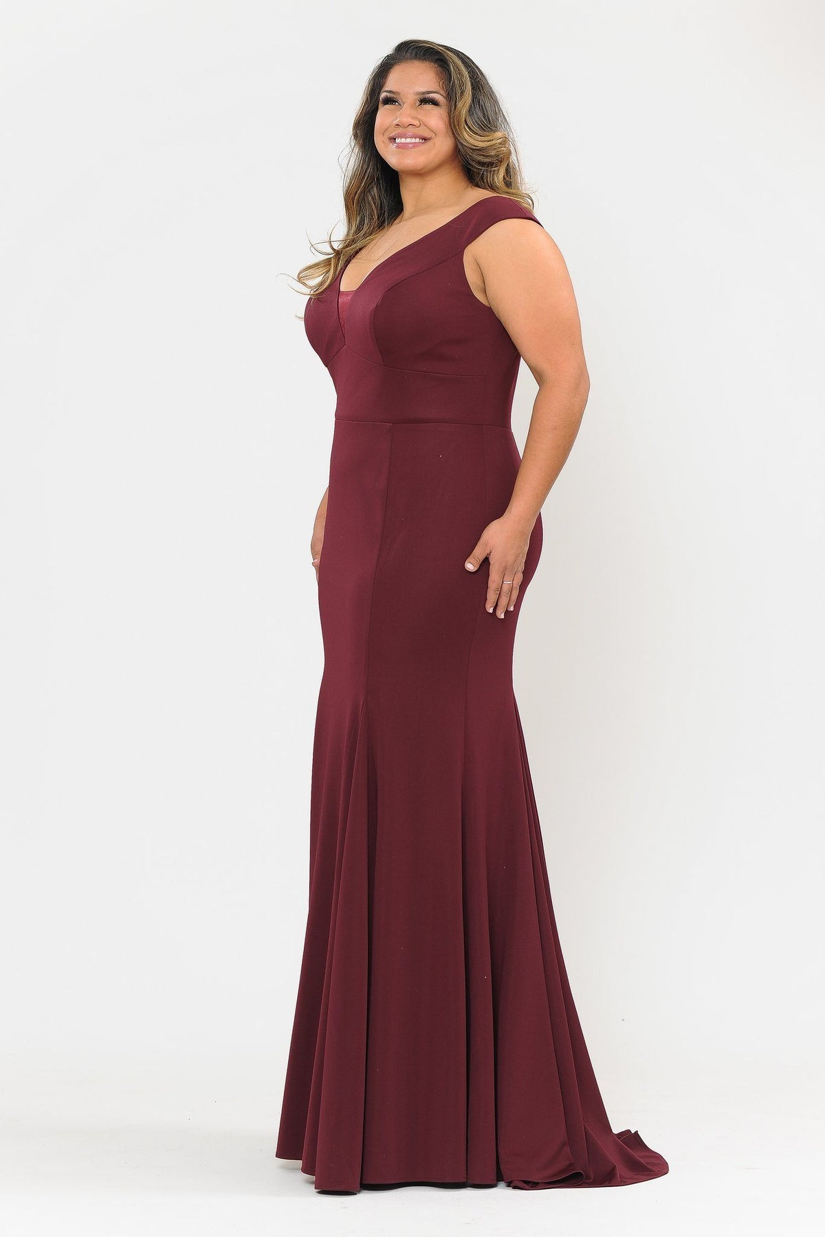 Poly USA W1022 Plus Size Long V-Neck Jersey Fitted Dress