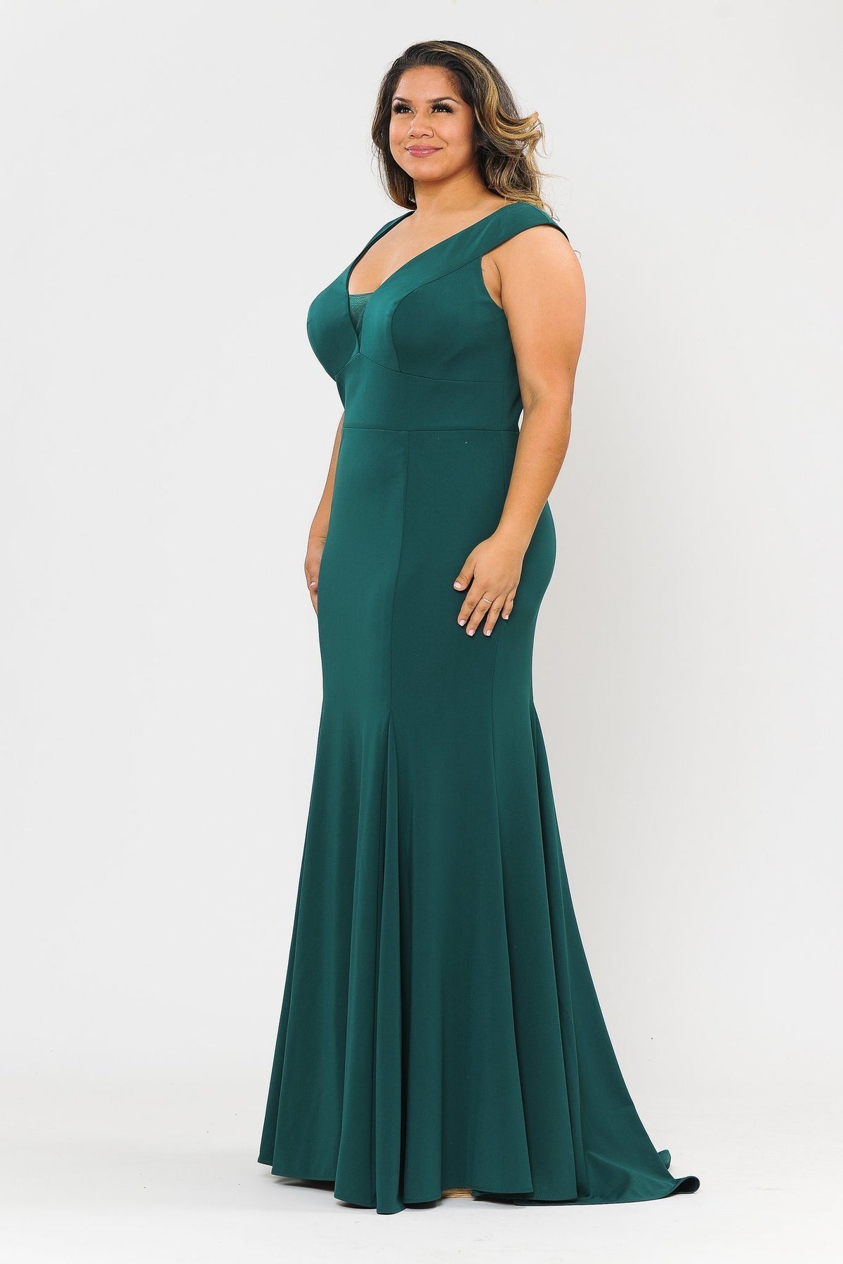 Poly USA W1022 Plus Size Long V-Neck Jersey Fitted Dress