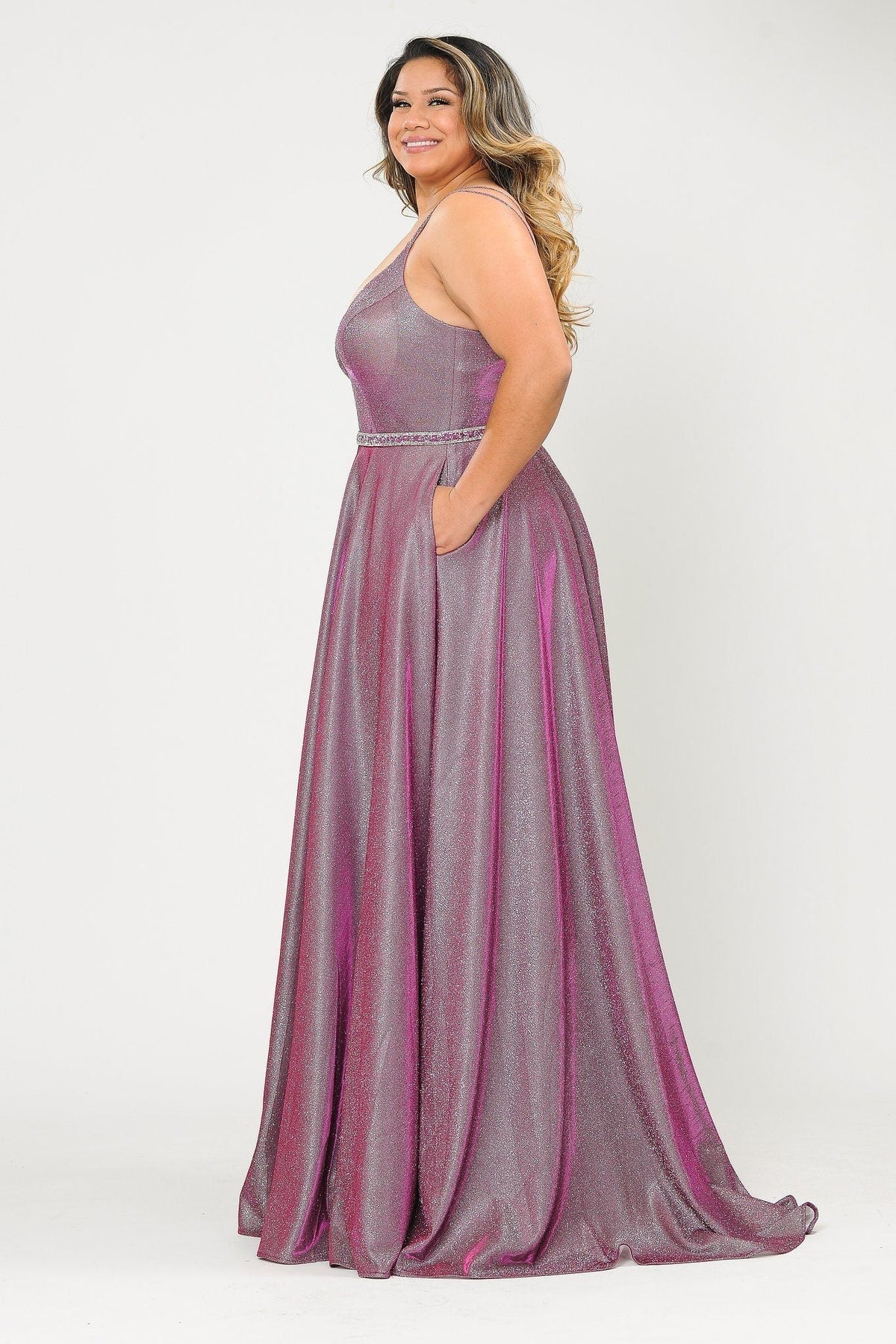 Poly USA W1048 Plus Size Long V-Neck Metallic Glitter Dress