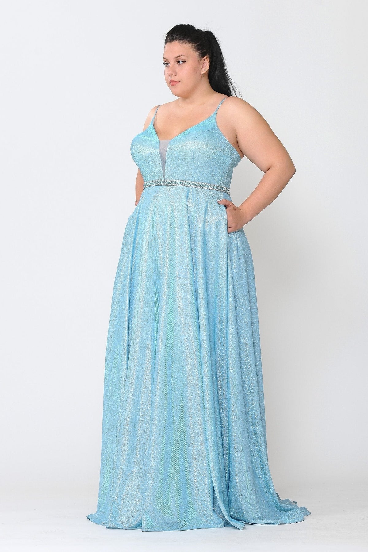 Poly USA W1048 Plus Size Long V-Neck Metallic Glitter Dress