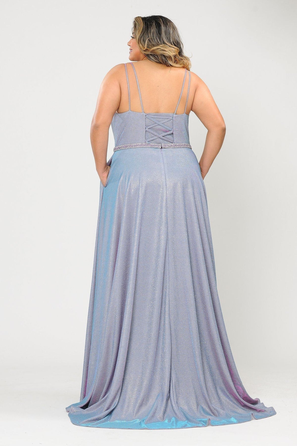 Poly USA W1048 Plus Size Long V-Neck Metallic Glitter Dress