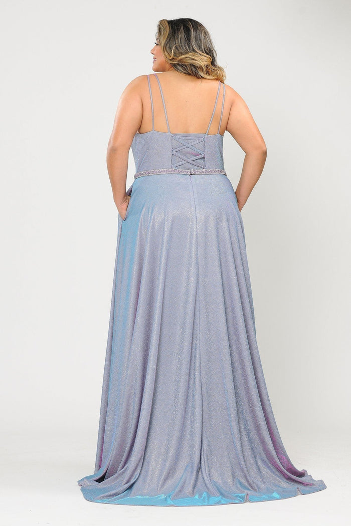 Poly USA W1048 Plus Size Long V-Neck Metallic Glitter Dress