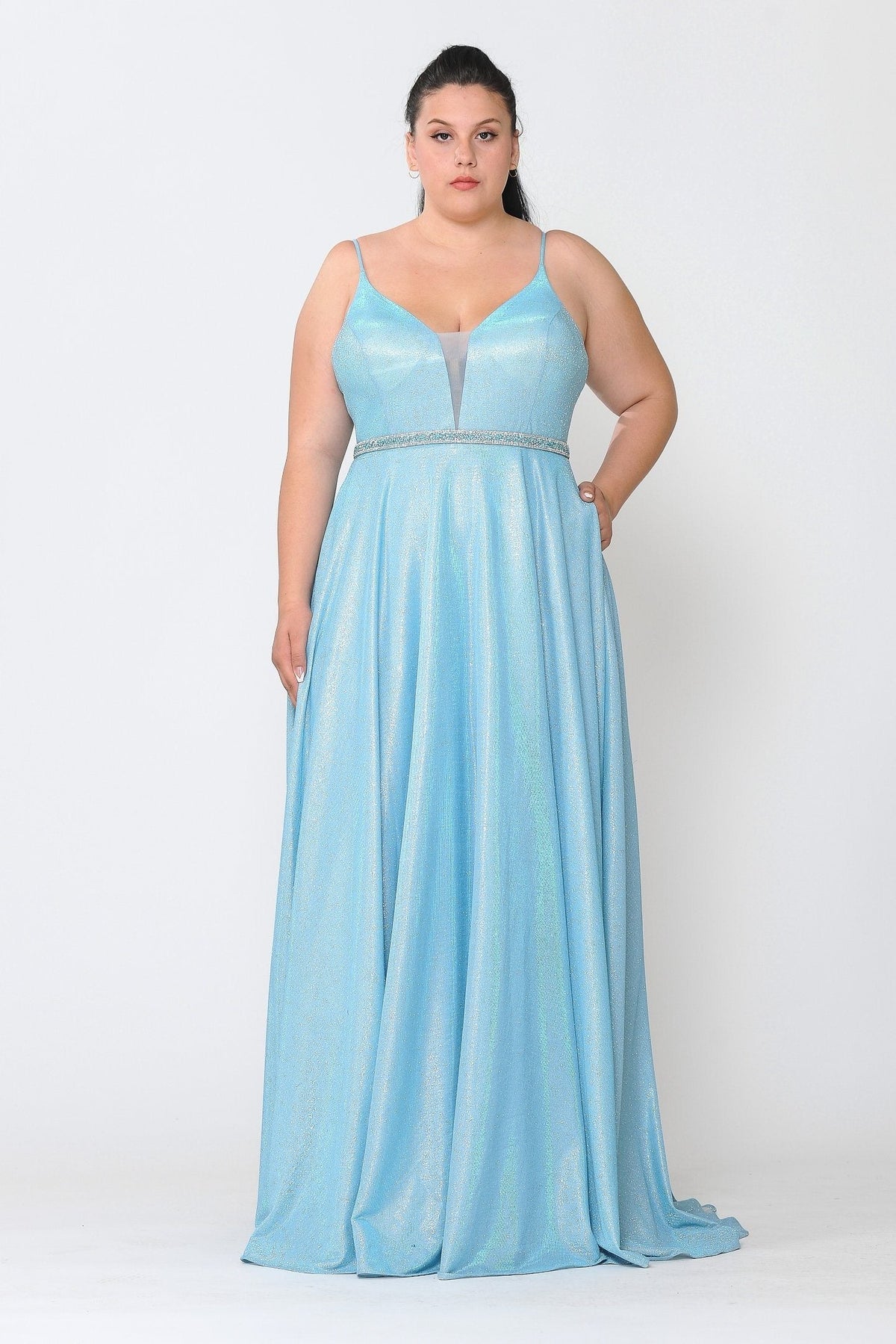 Poly USA W1048 Plus Size Long V-Neck Metallic Glitter Dress