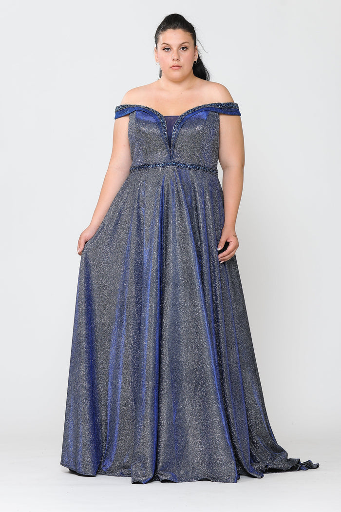 Poly USA W1096 Plus Size Off Shoulder Metallic Glitter Gown