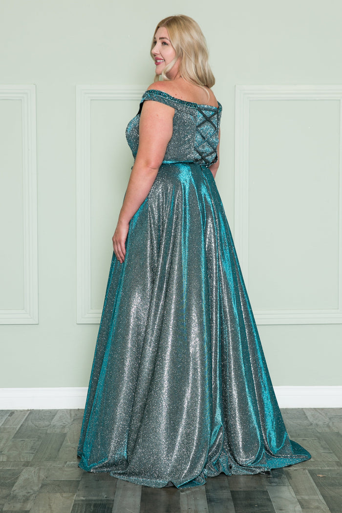 Poly USA W1096 Plus Size Off Shoulder Metallic Glitter Gown