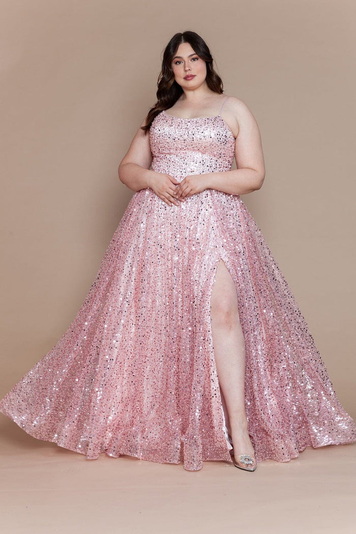 Poly USA W1142 Plus Size Sequin Sleeveless A-line Slit Gown
