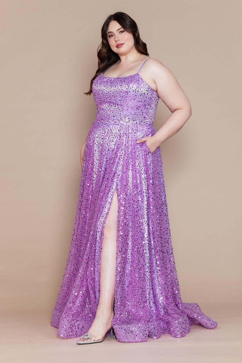 Poly USA W1142 Plus Size Sequin Sleeveless A-line Slit Gown
