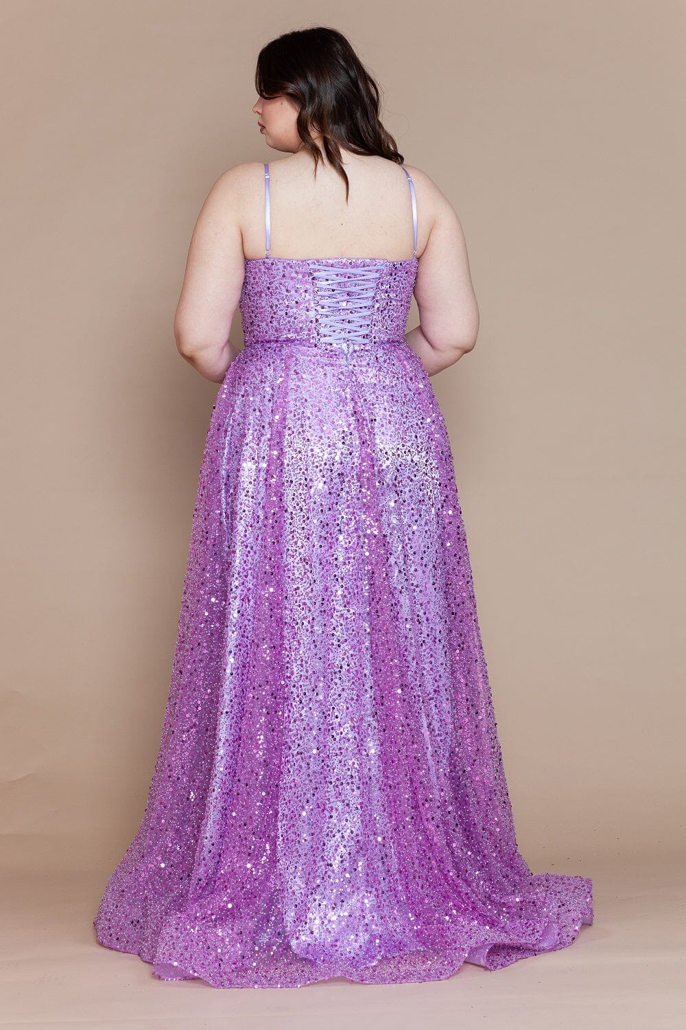 Poly USA W1142 Plus Size Sequin Sleeveless A-line Slit Gown