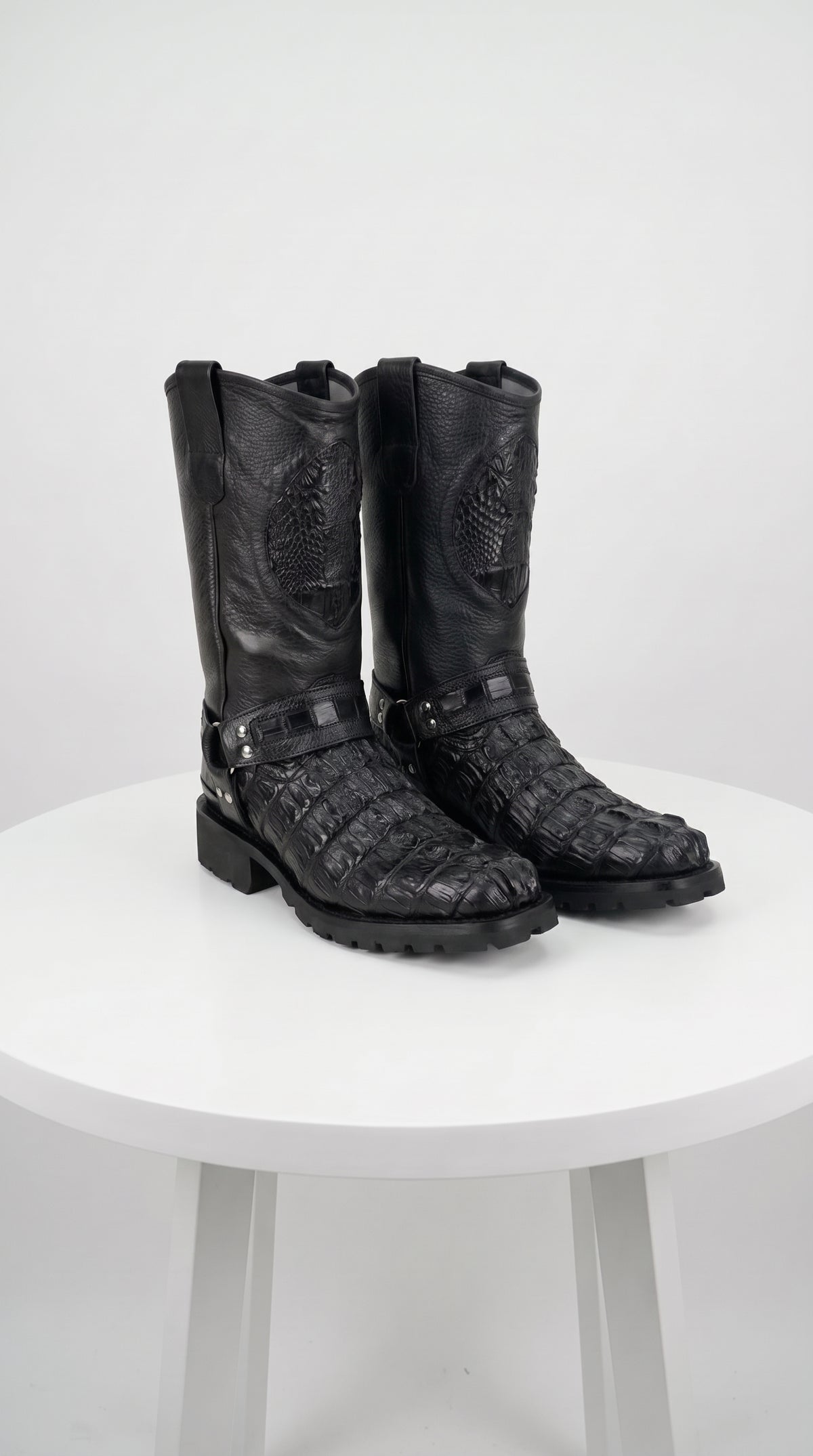 Los Altos Men’s Black Caiman Tail Skin Biker Boots, Exotic Western Motorcycle Boots