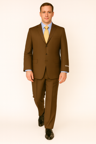 Brown Pinstripe Feel Poly-Rayon Three ~ 3 Buttons Style Suit Pleated Pants