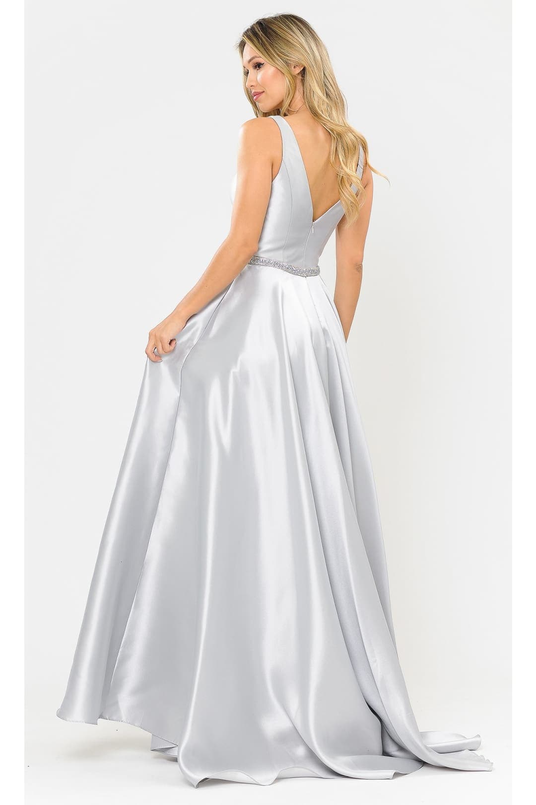 Poly USA 8682 A-Line Mikado V-Neck Red Carpet Formal Long Dress