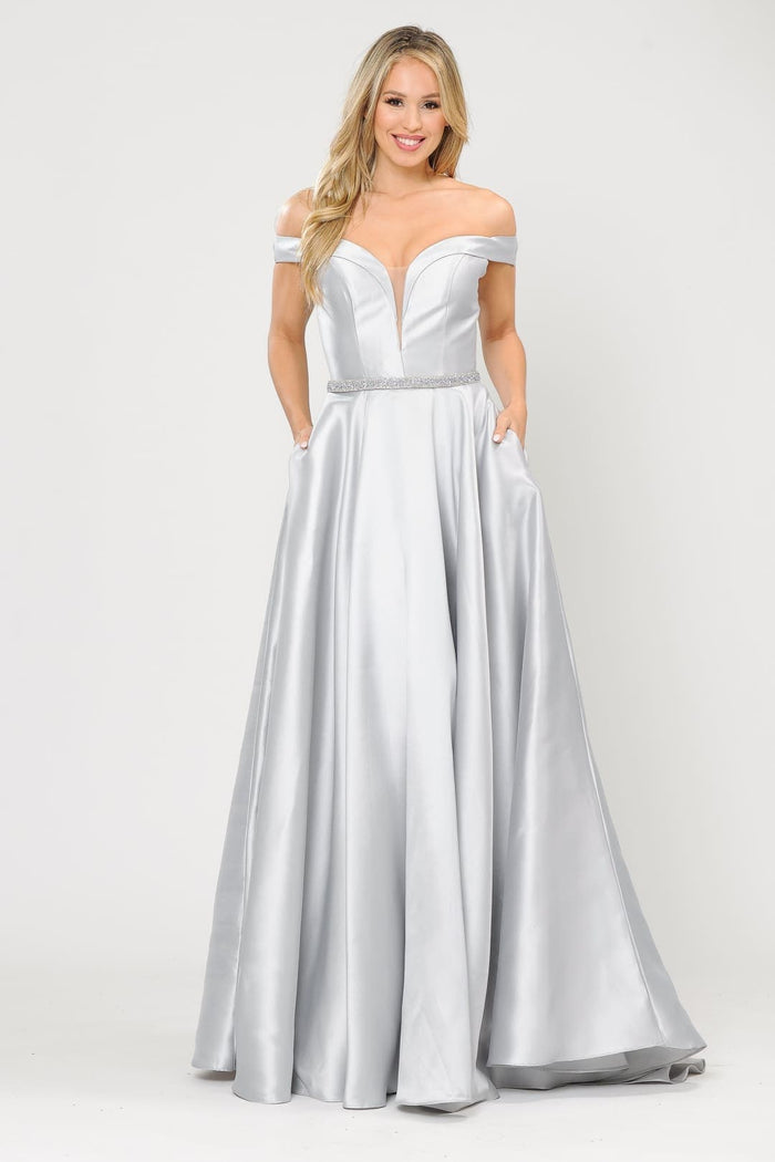 POLY USA 8686 Off Shoulder Simple Mikado Prom Formal Bridesmaids Gown