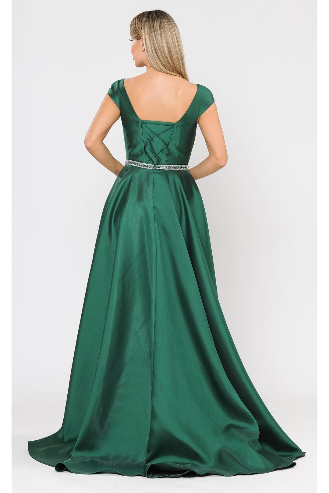 POLY USA 8702 A-line Mikado Cap Sleeve Prom Formal Evening Corset Gown