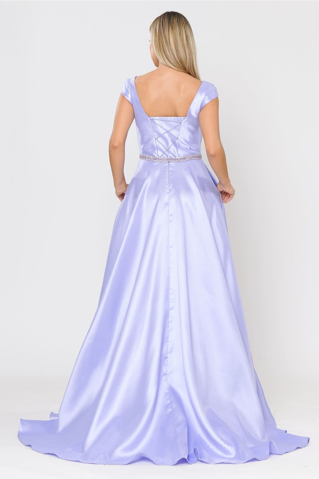 POLY USA 8702 A-line Mikado Cap Sleeve Prom Formal Evening Corset Gown