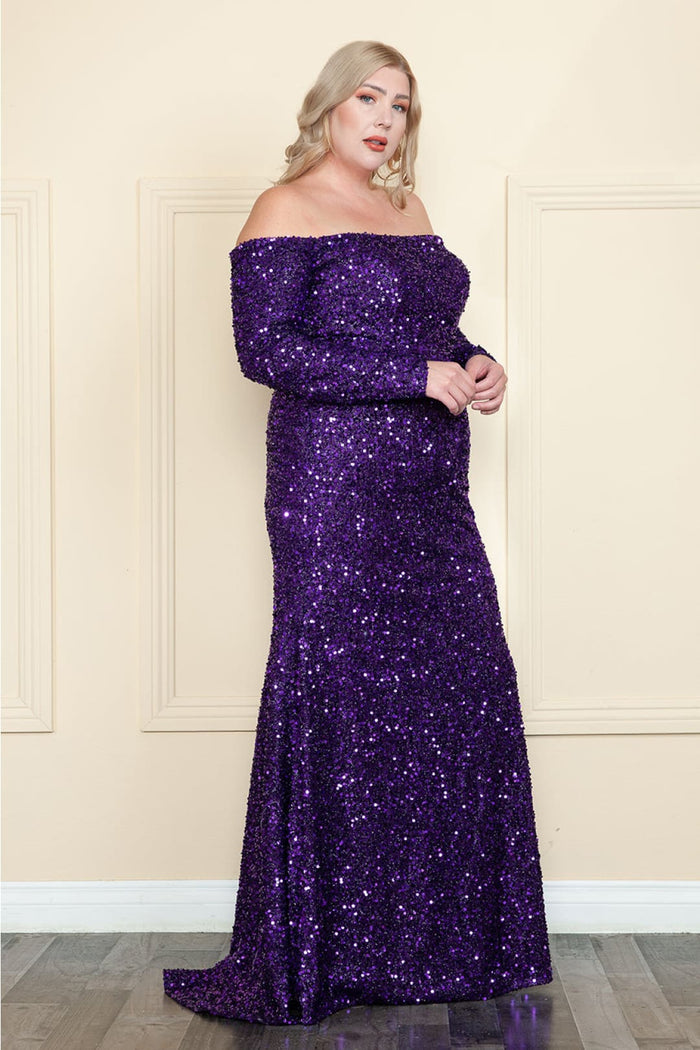 POLY USA 8876 Long Sleeve Sequin Off Shoulder Dress For Holiday Party