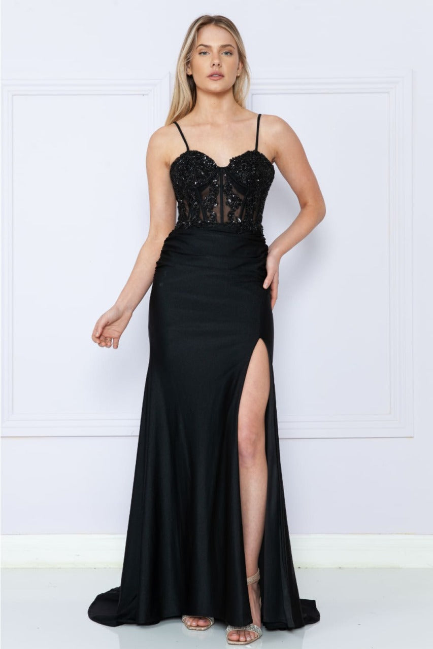 Poly USA 9138 Spaghetti Strap Corset Sheer Embroidered Prom Dress